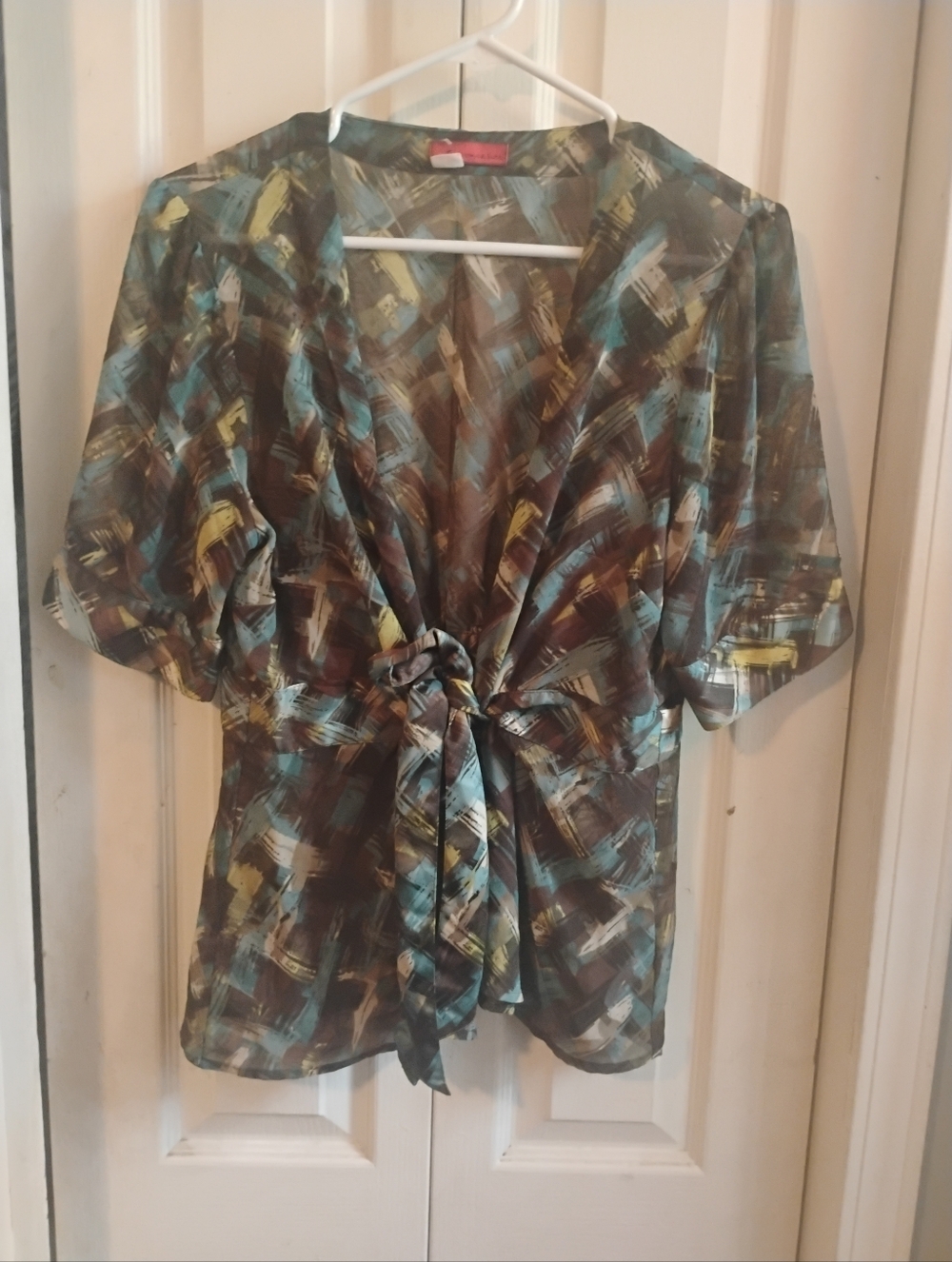 Tapeasure Sz 14 abstract geometric sheer tie front shirt boho blouse sheer